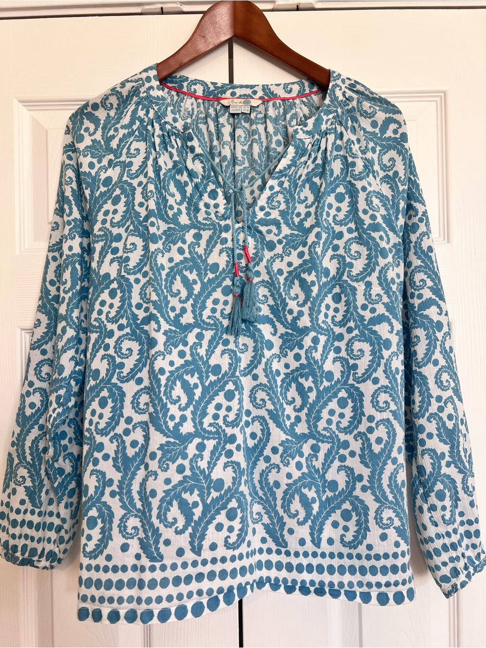 Boden Robin’s Egg Blue Paisley Tassel Peasant Blouse sz 10